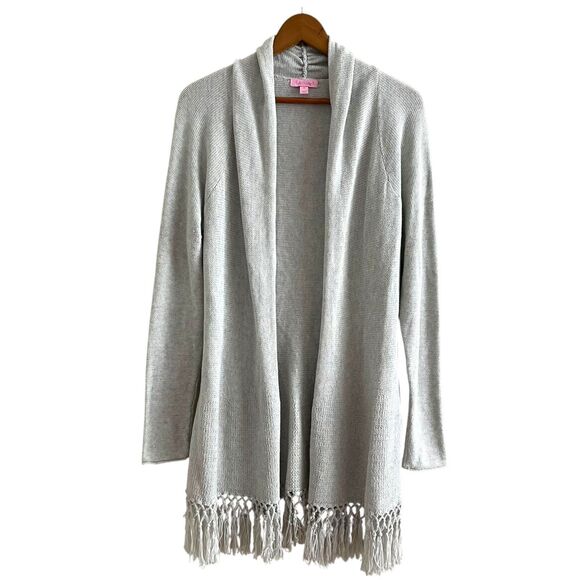 Lilly Pulitzer Tatum Duster Sz M Long Cardigan Metallic Gray Fringe Coastal Prep - Picture 1 of 11